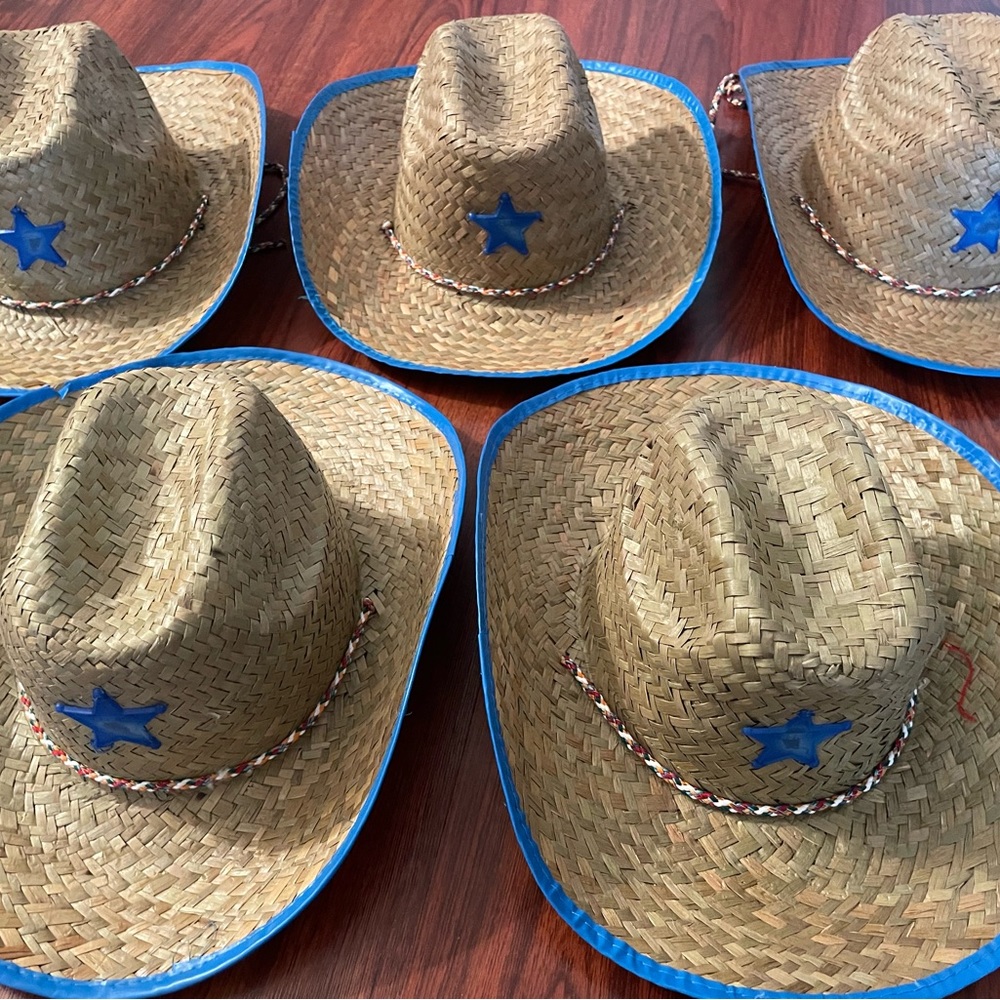 Child Sized Straw Cowboy Hat with Blue Star & Trim